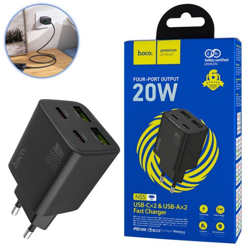 Зарядний пристрій HOCO N55 Fundador 2xUSB-C+2xUSB PD 20W, чорний (6942007632430)