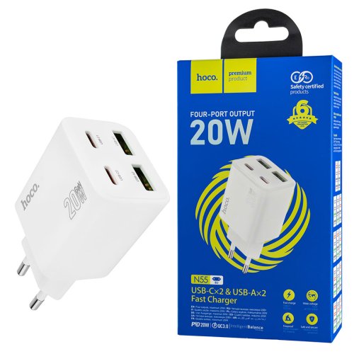 Зарядний пристрій HOCO N55 Fundador 2C+2U PD 20W, білий (6942007632447)