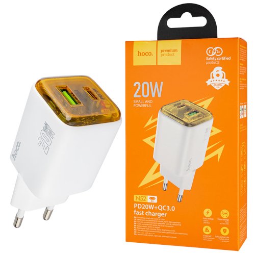 Зарядний пристрій HOCO N52 Monsoon PD 20W + QC 3.0, білий (6942007630375)