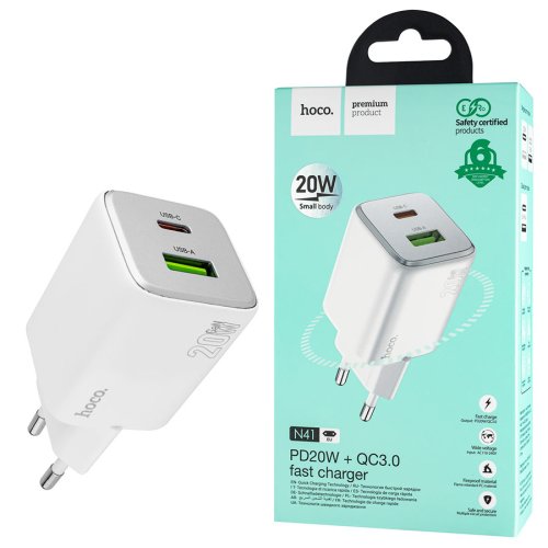 Мережевий зарядний HOCO N41 Almighty 20W PD + QC3.0, білий (6942007617031)