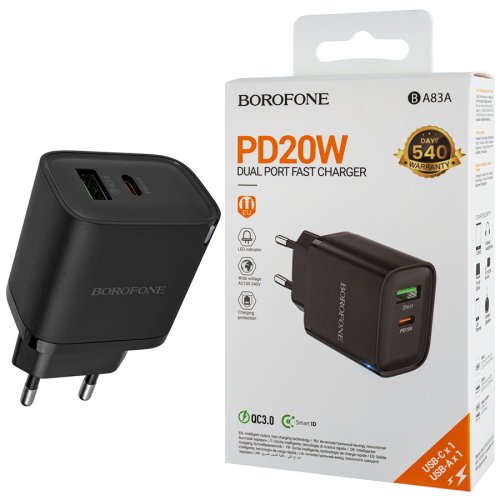 Зарядний пристрій BOROFONE BA83A Flare Star PD 20W + QC3.0, чорний