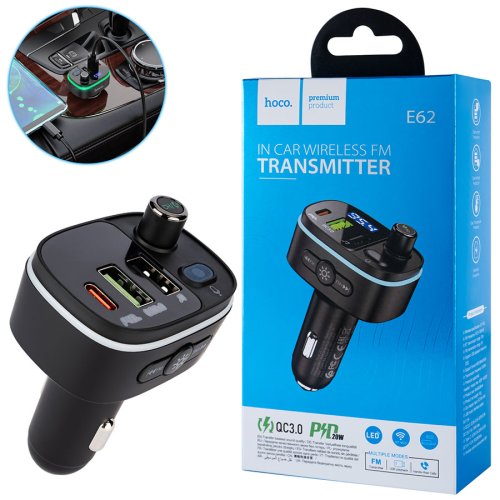 Автомобільний зарядний FM-модулятор HOCO E62 Fast PD20W+QC3.0, Bluetooth, чорний