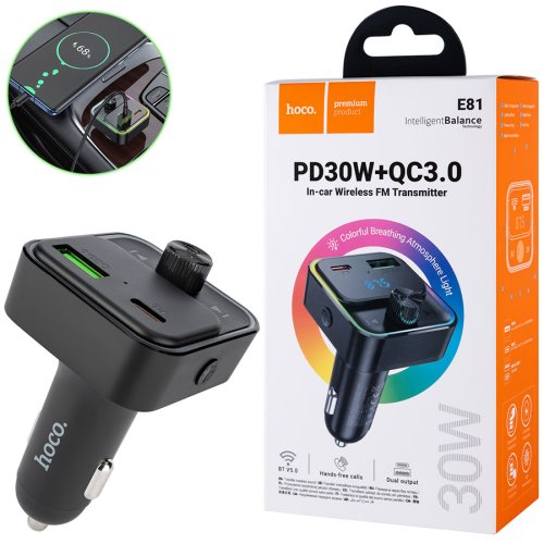 Автозарядка HOCO E81 Fantasy з FM-модулятором, PD 30W + QC3.0, BT, чорна