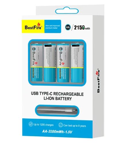 AA Li-Ion акумулятори BestFire 2150mAh з USB‑C зарядкою, перезарядні (набір 4 шт.)