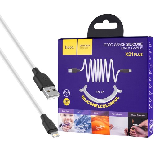 Кабель HOCO X21 Plus USB–Lightning 2.4A 2 м, силіконовий, чорний/білий (iPhone/iPad)