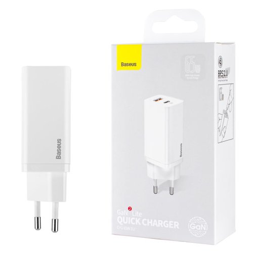 Зарядний пристрій Baseus GaN2 Lite Quick Charger C+U 65W EU Білий (CCGAN2L-B02)