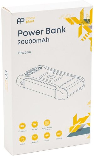 Мобільна батарея PowerPlant 20000mAh, PD 18W, USB-C, 2xUSB-A, QC3.0, Wireless, Solar panel 5.5V-0,2A