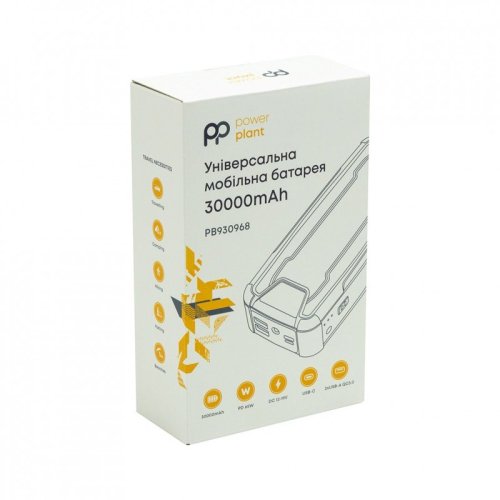 Батарея універсальна PowerPlant 30000mAh, PD/65W, QC/3.0, DC 12-19V(4A), USB-C, 2*USB-A (PB930968) (170404)