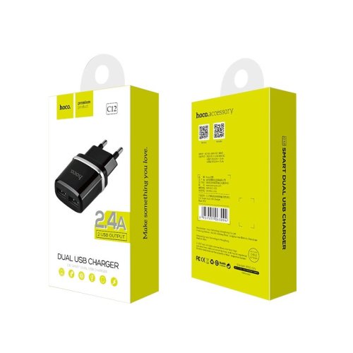 Мережевий зарядний пристрій Hoco C12 Smart dual USB charger Black