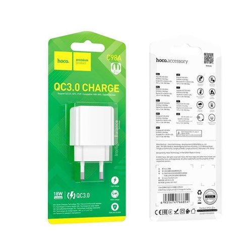 Зарядний пристрій USB HOCO C98A 1USB 18W 3A QC White N