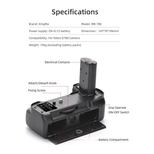 Батарейний блок KingMa для фотоапарату Nikon D780 (MB-D780) HPW-14384