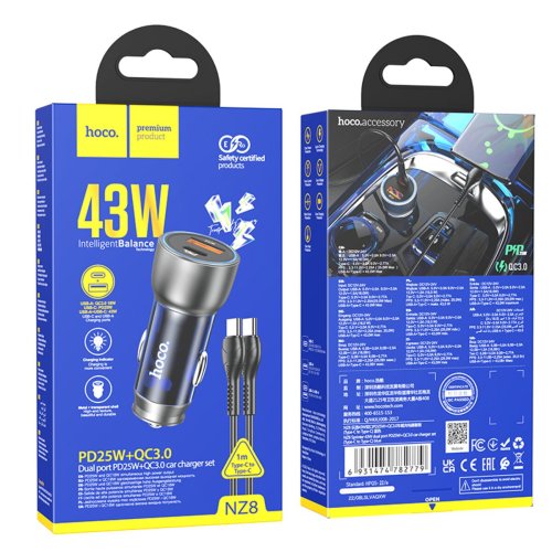 Автомобільний зарядний пристрій HOCO NZ8 Sprinter 43W dual port PD25W+QC3.0 автомобільний зарядний пристрій (Type-C to Type-C) Blue (6931474782779)