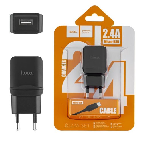 Зарядний пристрій HOCO C22A  USB 2.4A  черный +  Кабель Micro USB
