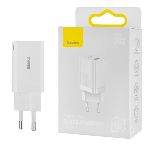 Зарядний пристрій Baseus Super Si Pro Quick Charger C+U 30W EU білий  CCSUPP-E02