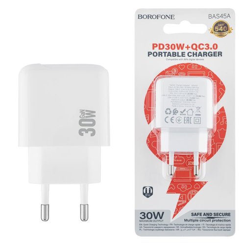 Зарядний пристрій BOROFONE BAS45A  1USB-C/1USB  PD/QC  30W  white  6941991113871