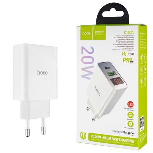 Зарядний пристрій HOCO C100A  PD20W+QC3.0  Digital display  білий  6931474769800