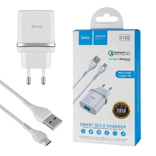 Зарядний пристрій HOCO C12Q Smart  QC3.0  18W  білий  Micro Set   6931474716286