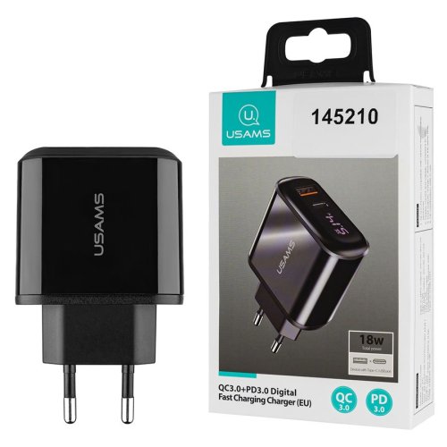 Зарядний пристрій Usams US-CC085  T23  QC3.0+PD3.0  18W  Digital Display  black  CC85TC01