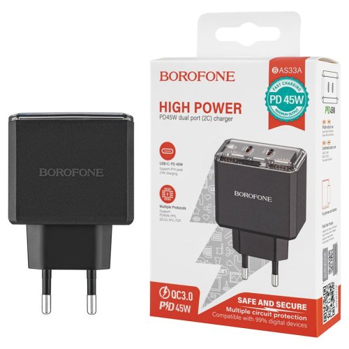 Зарядний пристрій BOROFONE BAS33A  2USB-C  PD/QC45W  black  6941991110702