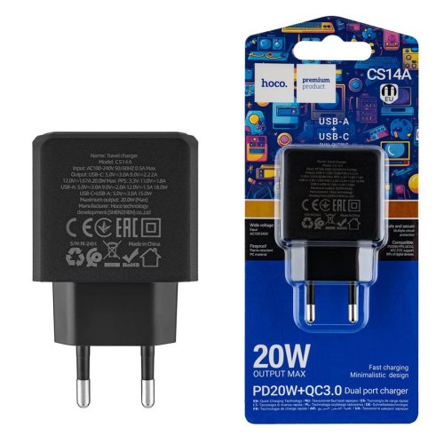 Зарядний пристрій HOCO CS14A  1USB-C/1USB  PD/QC  20W  black  6942007603898