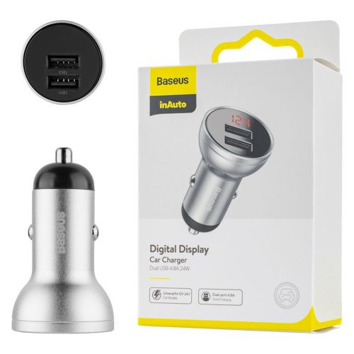 Автомобільний зарядний пристрій Baseus Digital Display Dual USB 4.8A 24W сріблястий  (CCBX-0S)