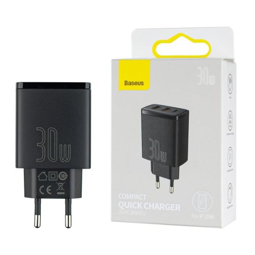 Зарядний пристрій Baseus Compact Quick Charger 2U+C 30W EU Black (CCXJ-E01)