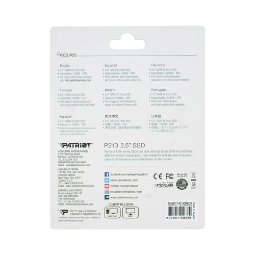 SSD 2.5" Patriot P210 256GB (P210S256G25), SATA III 6Gb/s, 3D TLC, 400/500 МБ/с