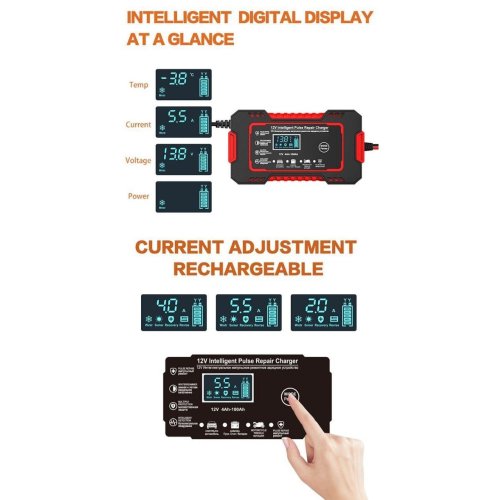 Інтелектуальний зарядний пристрій EAFC 12V 6A для авто й мото АКБ: автомат, РК-дисплей, відновлення