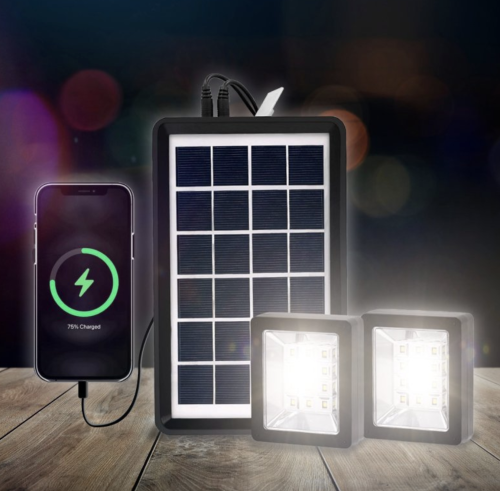 Портативна сонячна система EP-05 6V3W: літієва батарея, 2 LED-лампи, зарядка телефону