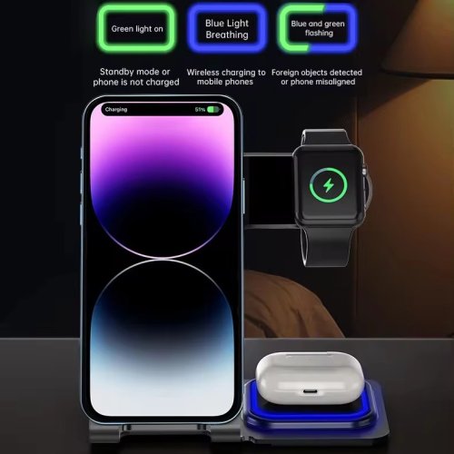 Бездротова зарядна станція 3-в-1 15 Вт: магнітна підставка для телефону, годинника й навушників