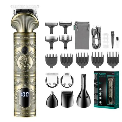 Набір-тример VGR V-106 для волосся і бороди 6-в-1, 14 насадок, LED, акумуляторний