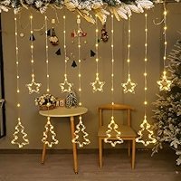 Новорічна гірлянда-штора USB SF-42: 10 фігурок зірка+ялинка, тепле біле світло