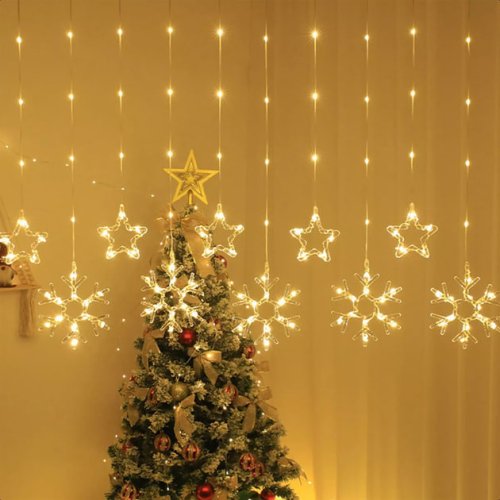 Гірлянда-штора SF-41 «Зірки й сніжинки» 3×0,9 м, USB, тепле світло, пульт ДУ