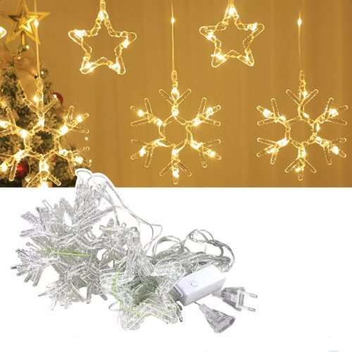 Гірлянда-штора SF-41 «Зірки й сніжинки» 3×0,9 м, USB, тепле світло, пульт ДУ