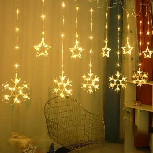 Гірлянда-штора SF-41 «Зірки й сніжинки» 3×0,9 м, USB, тепле світло, пульт ДУ