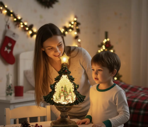 Святковий LED-світильник ялинка XHF-8002 з ефектом падаючого снігу та музикою