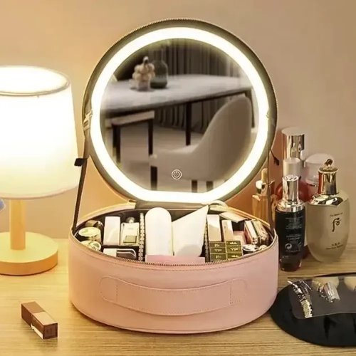 Дорожній органайзер-косметичка NiceLand з екошкіри з LED-дзеркалом і підсвіткою, рожева