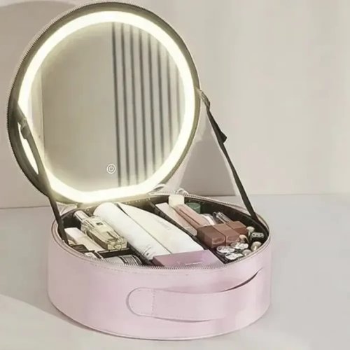 Дорожній органайзер-косметичка NiceLand з екошкіри з LED-дзеркалом і підсвіткою, рожева