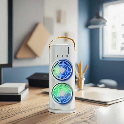 Настільний вентилятор 3-в-1: зволоження, підсвічування, акумулятор 4000 мА·год, подвійний