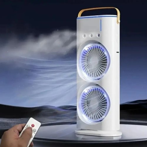 Настільний вентилятор 3-в-1: зволоження, підсвічування, акумулятор 4000 мА·год, подвійний