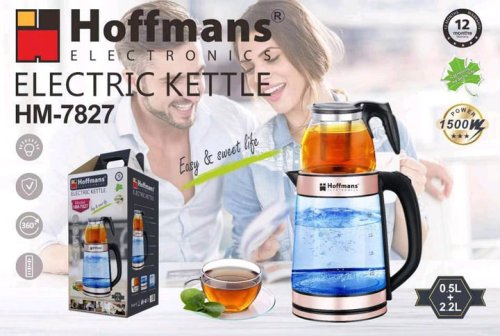 Електрочайник Hoffmans HM-7827 1800W скляний із заварником 2,2 л + 0,5 л для напоїв