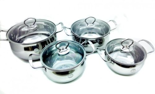 Набір каструль Unique UN-5072 на 8 предметів з нержавіючої сталі, термостійкі скляні кришки