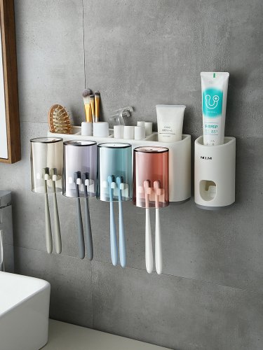 Настінний органайзер для ванної: тримач зубних щіток з отворами + автодиспенсер пасти