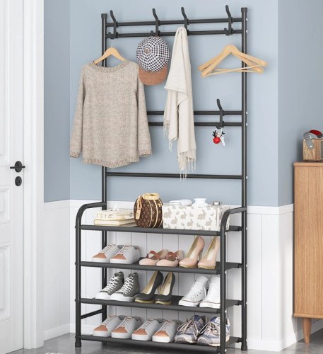 Підлогова стійка-вішалка для одягу з полицями для взуття, збірна (New Simple)
