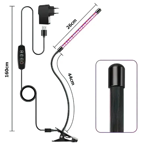 Одинарна гнучка фітолампа для рослин 15 Вт: таймер, регулювання яскравості