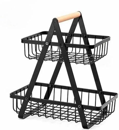 Настільна двоярусна фруктівниця Double Fruit Basket, розбірний металевий кошик з дерев’яною ручкою