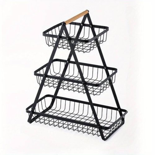 Розбірний настільний металевий 3-ярусний кошик-фруктівниця з дерев’яною ручкою Triple Fruit Basket