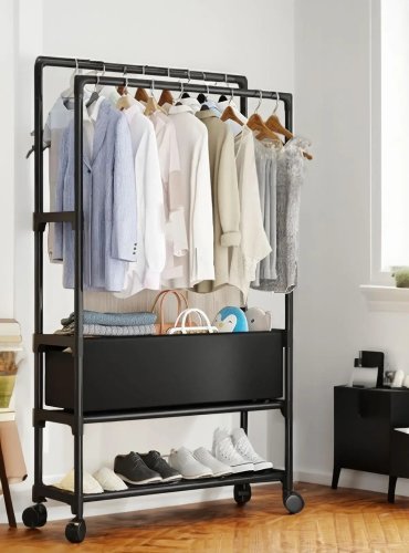 Стійка-вішалка для одягу та взуття на колесах YH9918-3A, телескопічна, регульована висота