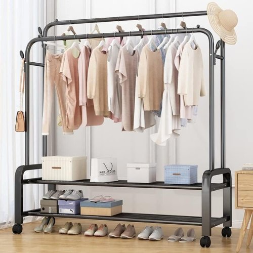 Мобільна металева вішалка-стійка для одягу YP-610 з полицею для гардеробу