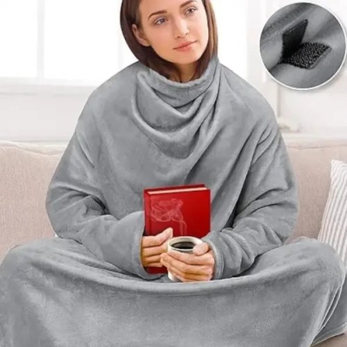 Плед-халат oversize довгий з кишенями з м’якого поліестеру, худі-плед (плед-кофта)